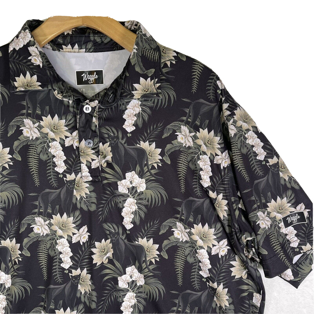 Waggle Men's XL Short Sleeve Golf Polo Shirt Quick Dry Black Panther Floral